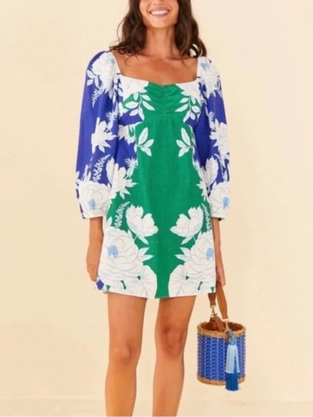 Farm Rio Soft Garden Mini Dress Linen Puff Sleeve Sweetheart Floral Blue NWT XS - Picture 2 of 10